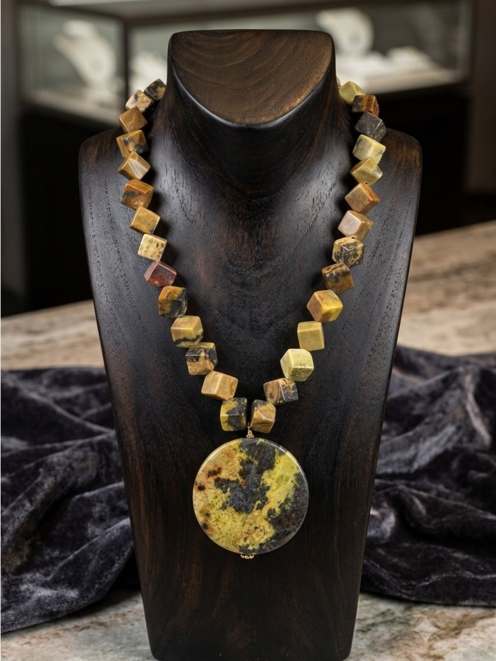 Artisan Yellow Turquoise Jasper Chunky Necklace | Cube Beads Large Disc Pendant
